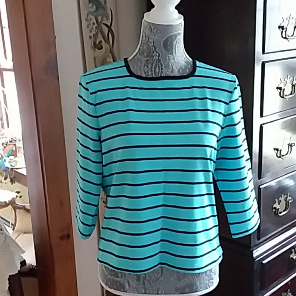 Turquoise stretch top with black stripes